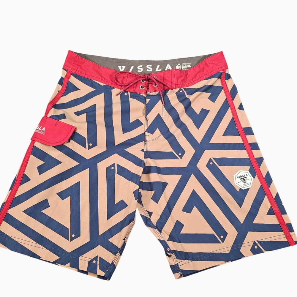 Vissla‎ Mens Geometric Board Shorts Blue Tan Red Coconut Poly Stretch Size 30